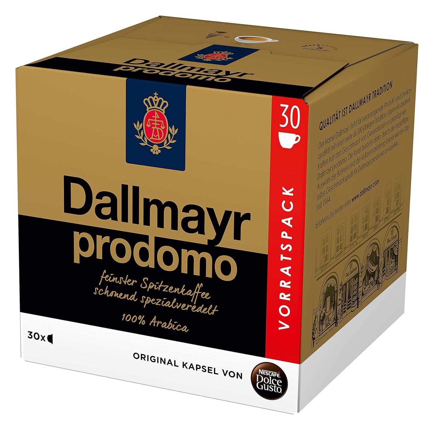 Dallmayr Prodomo, XXL-Vorratsbox & Latte Macchiato Vorratsbox 90 Kaffeekapseln (Aromatischer Espresso, 3-Schichten -Köstlichkeit aus feinem Milchschaum