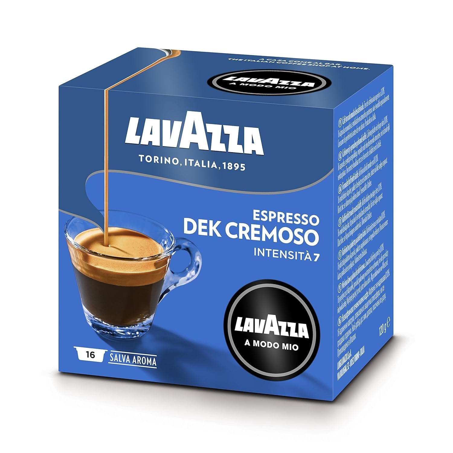 Lavazza A Modo Mio Dek Cremoso, 256 cápsulas de café, para espresso descafeinado con notas aromáticas de almendras y canditis, 100% Arábica, intensidad 7/13, tueste medio, 16 paquetes