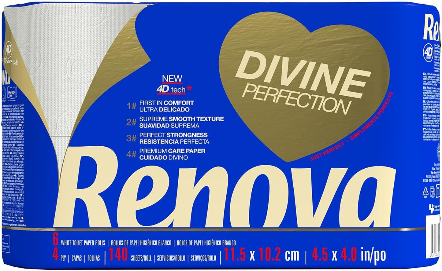 Renova Papel higiénico Renova Divine Perfection, 42 rollos, papel higiénico premium, 4 capas, ultra suave, extrafuerte, grueso, suave y absorbente, papel certificado Fsc, 4400G