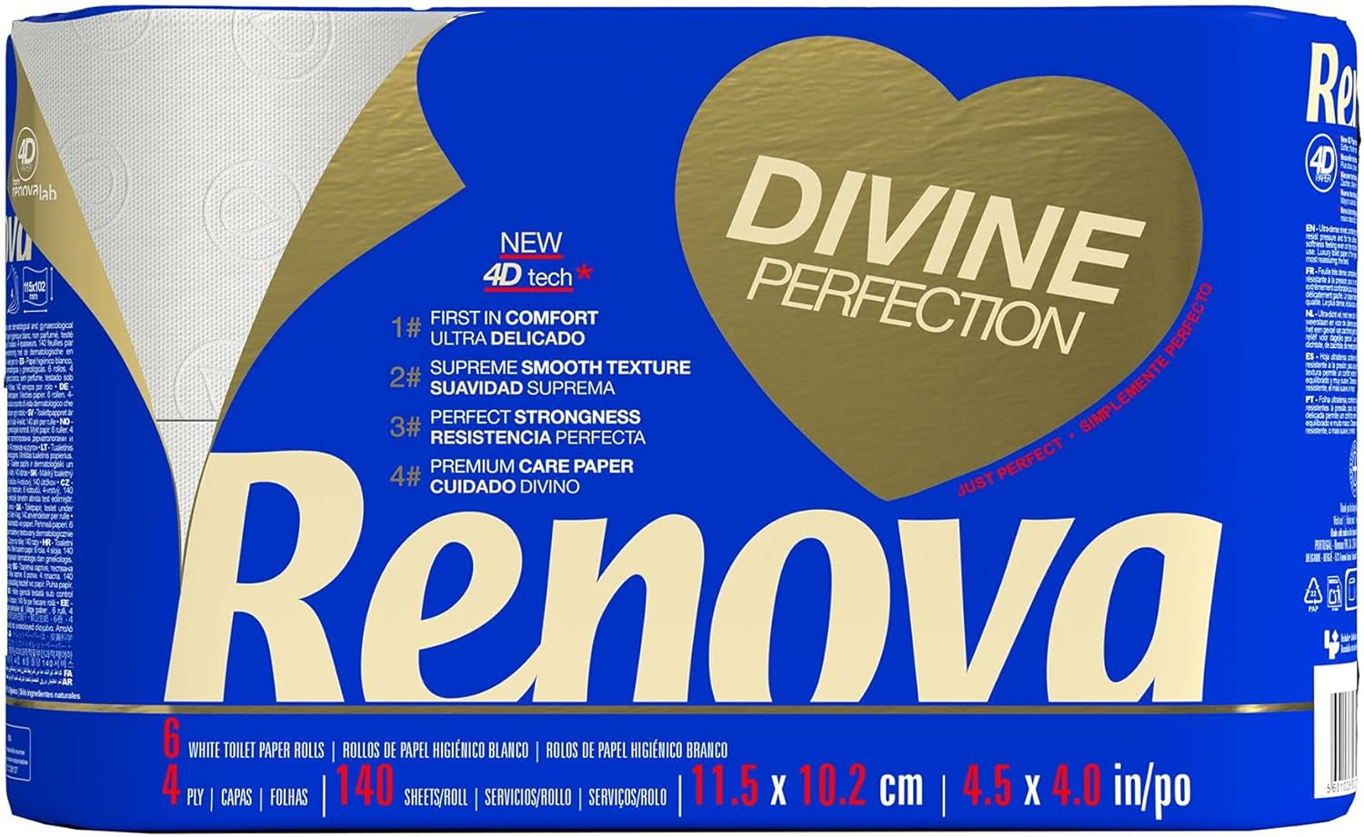 Renova Papel higiénico Renova Divine Perfection, 42 rollos, papel higiénico premium, 4 capas, ultra suave, extrafuerte, grueso, suave y absorbente, papel certificado Fsc, 4400G