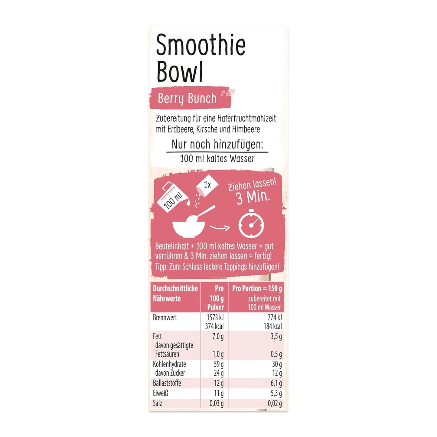 RUF Smoothie Bowl Berry Bunch Avena Desayuno Snack con Bayas y Semillas de Chía, Rápido y Fácil de Preparar, Vegano, 1 Bolsa x 50g (Paquete de 3)
