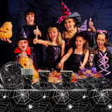 Juego de cubiertos de papel de araña de Halloween de 49 piezas que incluye platos, servilletas, vasos y mantel. Vajilla negra con platos de postre, servilletas y vasos.