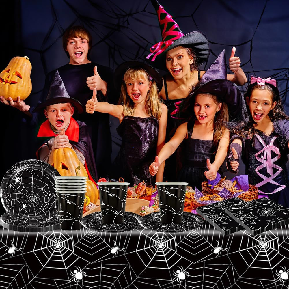 Juego de cubiertos de papel de araña de Halloween de 49 piezas que incluye platos, servilletas, vasos y mantel. Vajilla negra con platos de postre, servilletas y vasos.