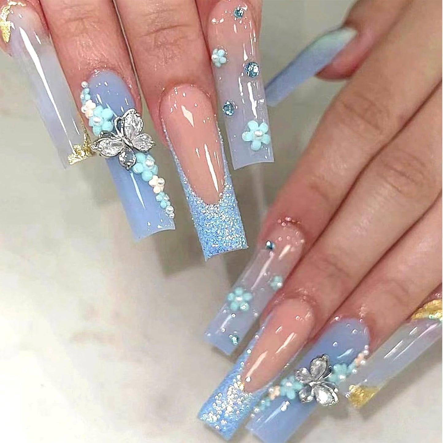24 Uds. De uñas artificiales de mariposa azul, prensa cuadrada en puntas de uñas postizas con purpurina larga francesa, diamantes de imitación brillantes