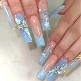 24 Uds. De uñas artificiales de mariposa azul, prensa cuadrada en puntas de uñas postizas con purpurina larga francesa, diamantes de imitación brillantes
