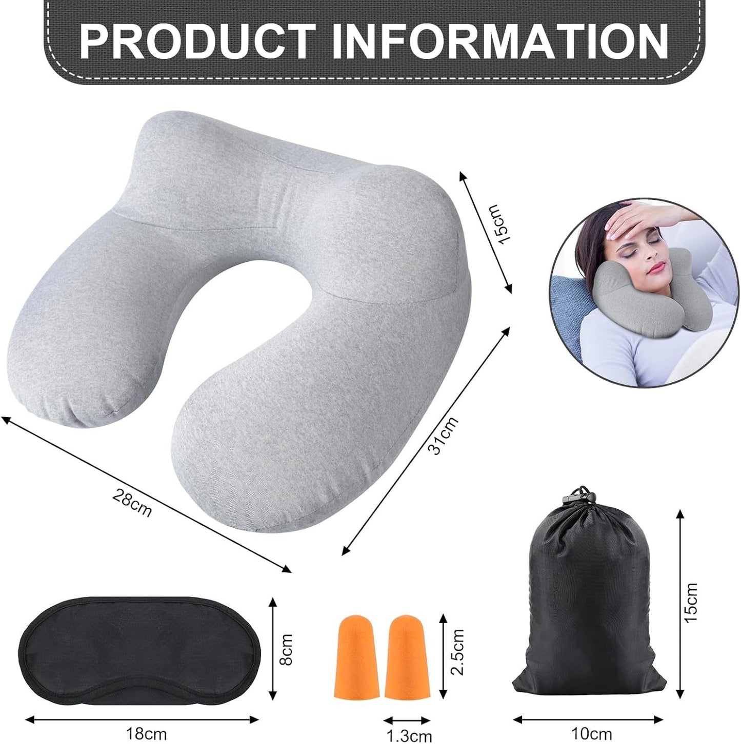 Aiqinu Almohada inflable para el cuello, almohada de viaje, almohada inflable compacta de cuello rápido con funda de almohada lavable para viajes en coche, avión, tren, oficina, almohadas de viaje familiares Naty Shop