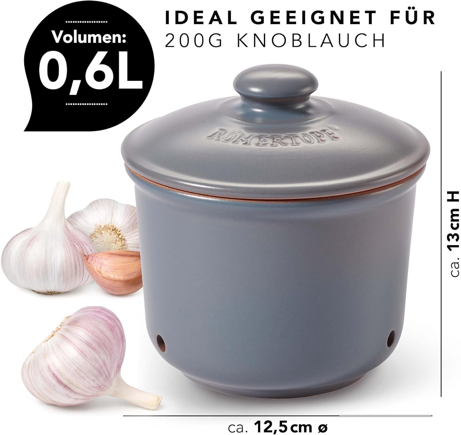 Olla para ajos Römertopf Olla fresca hecha de arcilla natural para una larga vida útil de alimentos como el ajo Ø 12,5 cm blanco Cajas de almacenamiento de alimentos Naty Shop