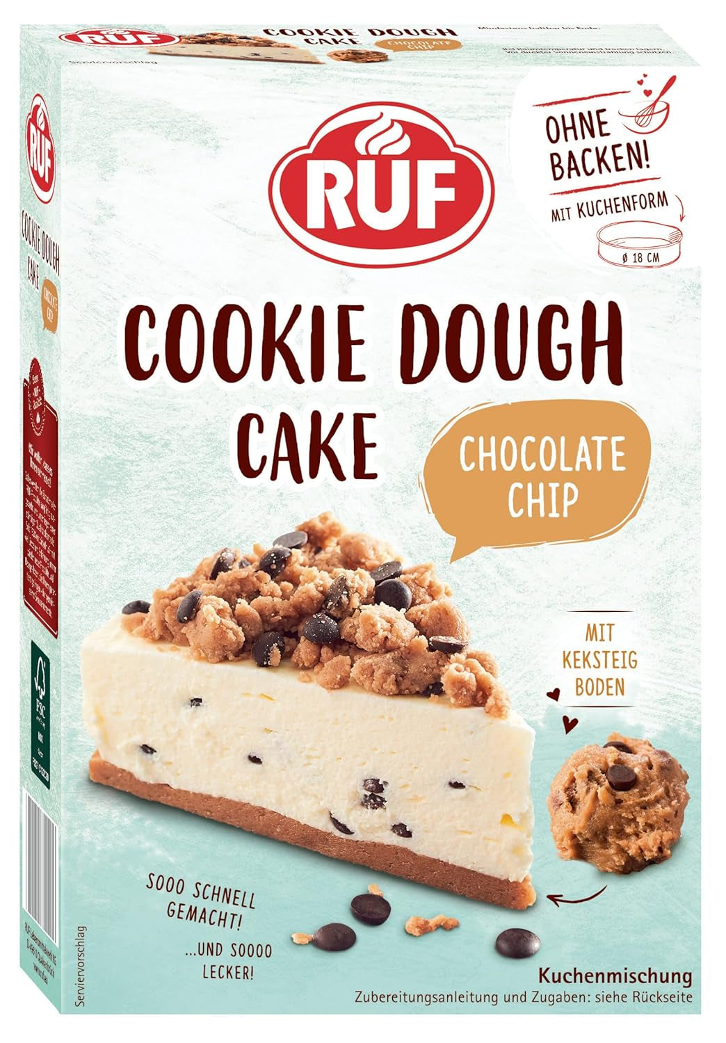 Pastel de masa para galletas RUF Ohne Backen, Tortenboden Aus Keksteig Mit Frischkäse-Creme Und Schokoladenstückchen, Inkl. Kuchenform, 1X325G Mezcla para hornear y cocinar Naty Shop 325 G (1Er Pack) Masa Para Galletas Pastel