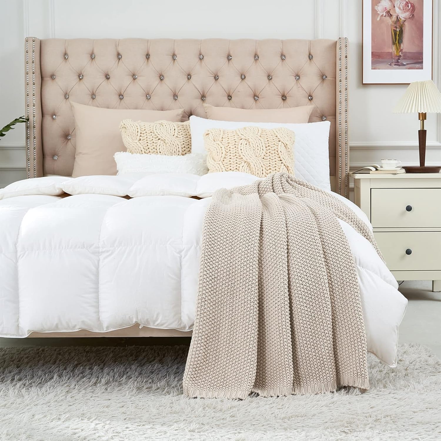 Manta de punto grueso, Ligera, Beige, 100% algodón orgánico, Manta para sofá, sofá, cama, niño, habitación infantil, Rústica, Shabby chic, Casa de campo moderna, 152,4 X 203,2 cm, Incluye bolsa de lavandería Camas y mantas Ropa de cama Longhui