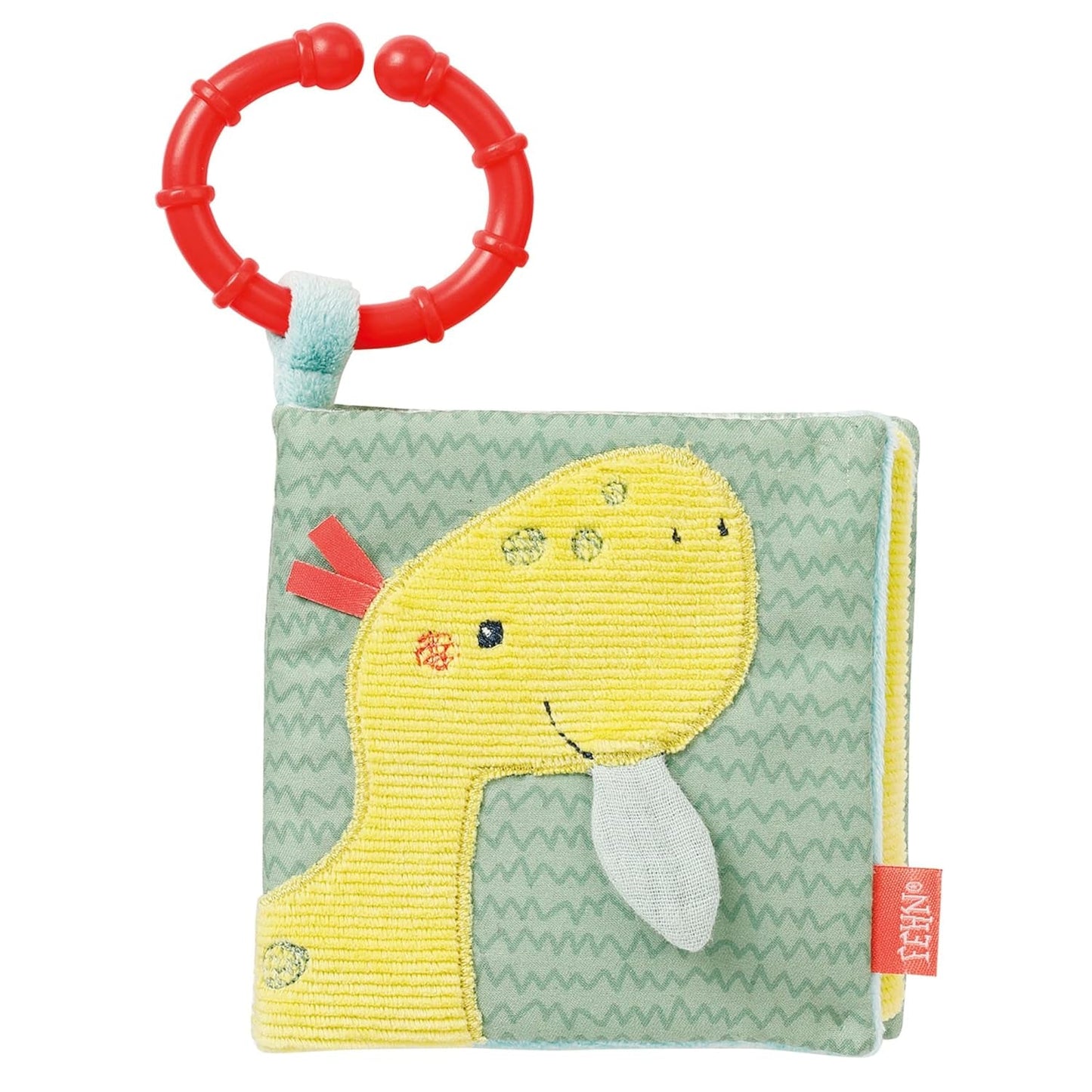 Fehn Libro ilustrado suave Bruno - libro de tela suave para bebé con motivos de animales - libro de juguetes de tela para colgar en cochecitos y sillas de coche - libro de poppers para bebés y niños a partir de 0 meses Baby Toys Naty Shop Happy Dino