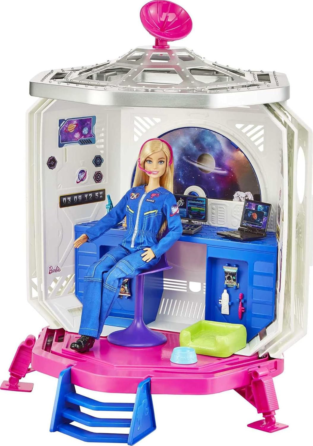 Barbie GXF27 - Aventura espacial en la estación espacial, muñeca espacial, cachorro, estación de trabajo, escenas espaciales, 20 accesorios, juguete de regalo para niños de 3 años en adelante
