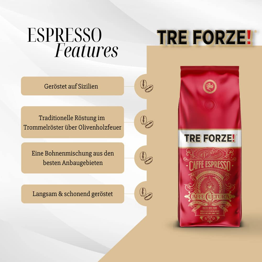 Espresso Caffè - 1 kg de granos de espresso Röstung über Olivenholzfeuer In Handarbeit - Premium Kaffeebohnen für Vollautomat und Siebträger
