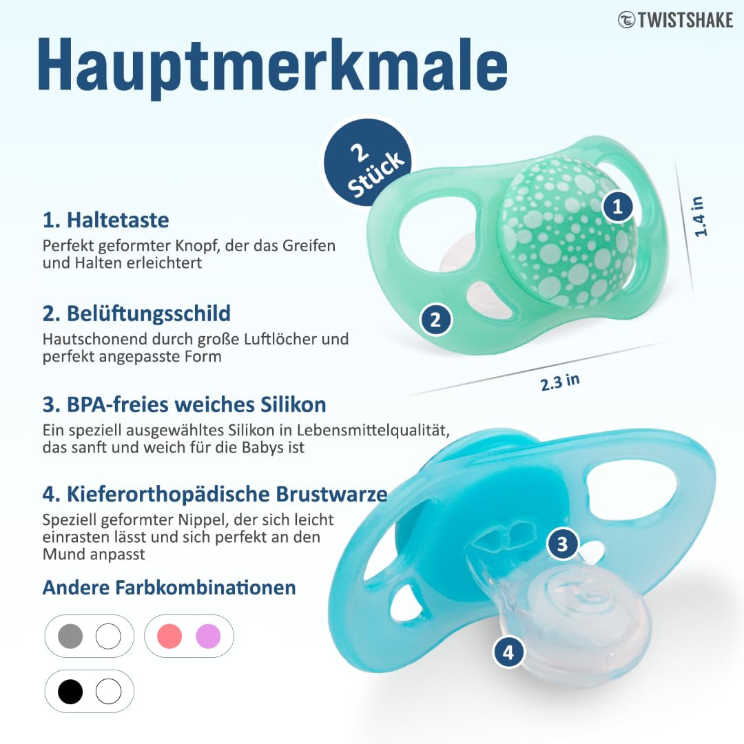 Chupetes para bebé Twistshake - Paquete de 2 | Forma de ortodoncia | Ultraligero | Tetina de silicona suave | Sin BPA | Apto para bebés a partir de 6 meses | azul verde