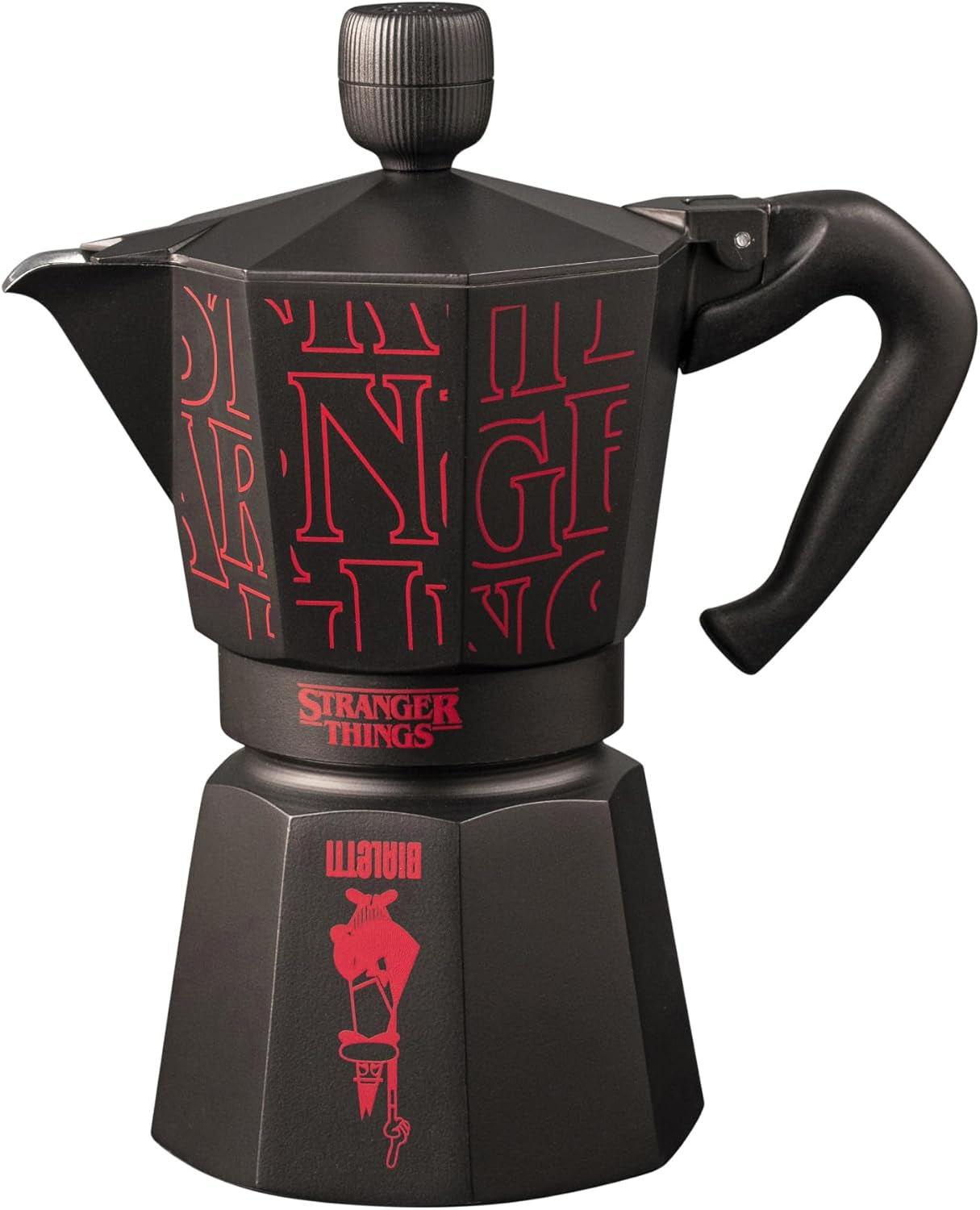 Bialetti Moka Express Stranger Things Cafetera de 6 tazas, botón musical con función de carga USB-C, no apta para placas de inducción, 6 tazas (270 ml), negra