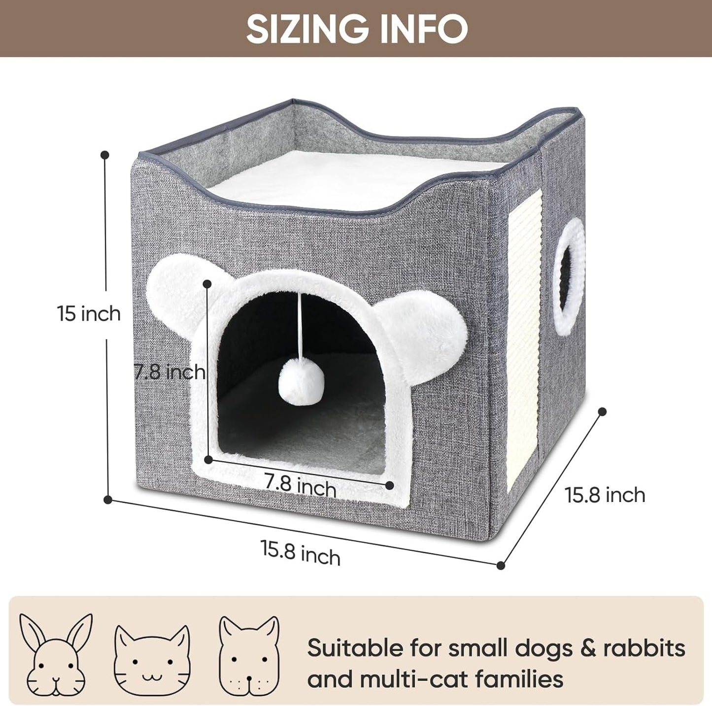 Katzenbetten für Indoor Katzen, Faltbares Katzenhaus, Katzenhöhle 2 Schicht Würfel Großer Raum Katzenbett mit Kratzbrett und Spielball, 15.8 x 15.8 x 15inches