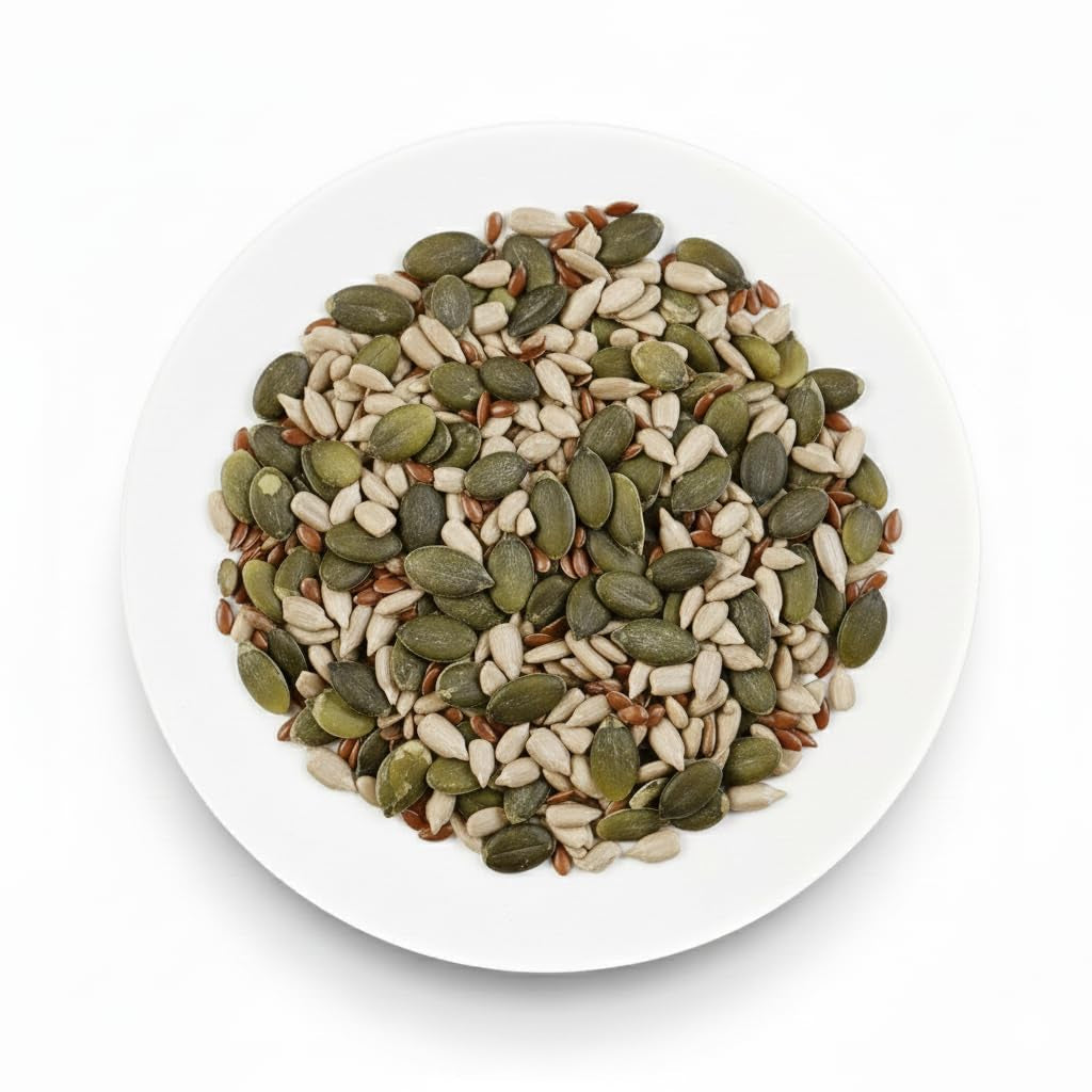 Organic Omega Seed Mix 3 kg (mezcla de semillas de calabaza, girasol y lino), una mezcla de 3 semillas oleaginosas enteras crudas, rica en proteínas, fibra y ácidos grasos omega-3
