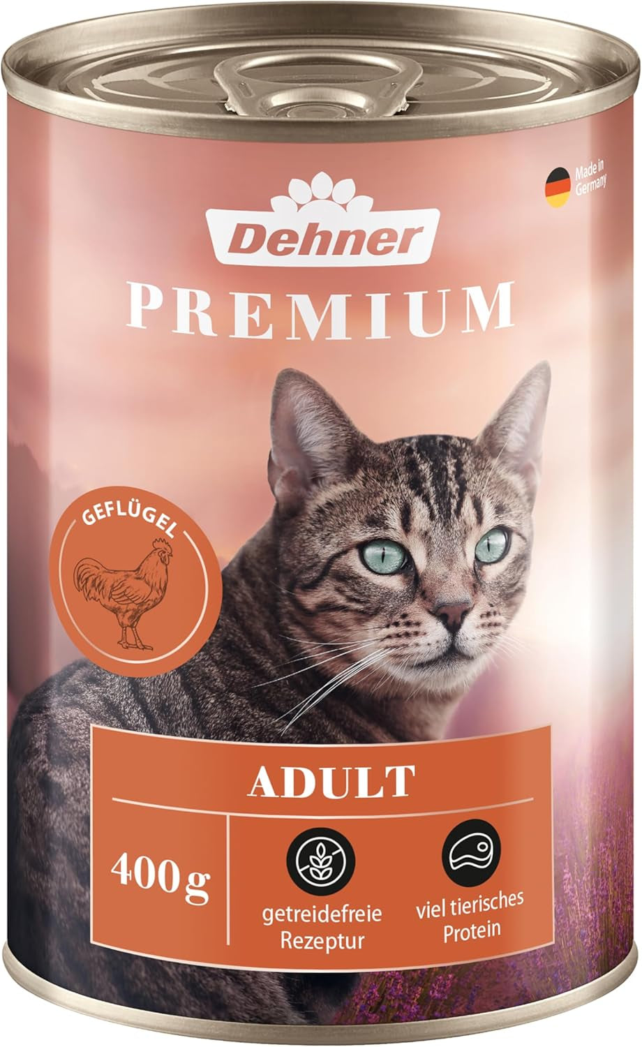 Dehner Premium comida húmeda para gatos, sin cereales, para gatos adultos, aves, 6 latas de 400 g (2,4 kg)