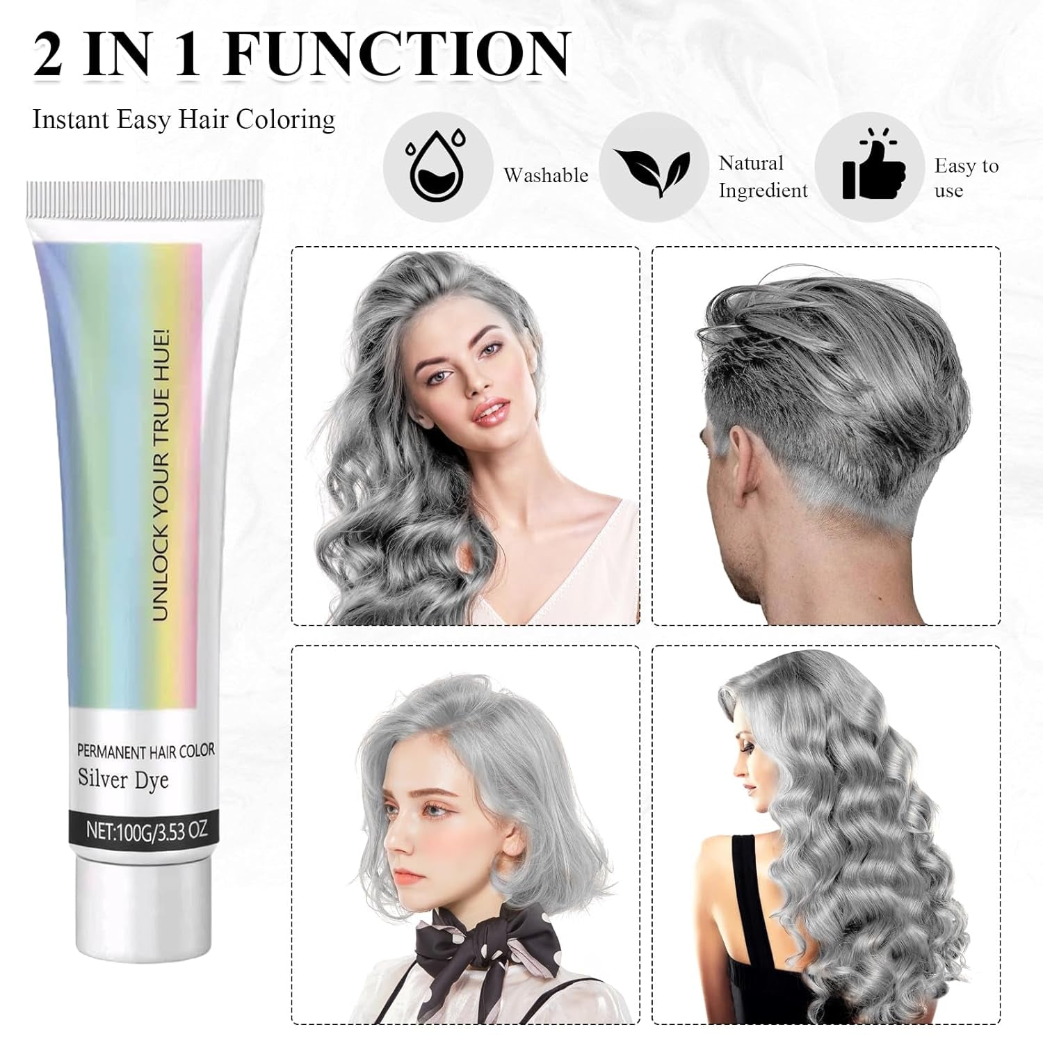 Tinte para el cabello Gris Plata Natural Gris Plata Tinte en Crema, Tinte para el Cabello Gris en Crema Gris Plata, Gris Plata Tinte para el Cabello Natural en Crema Tinte para todo tipo de cabello con 1 Masajeador del Cuero Cabelludo (100ml) Tinte para el cabello Naty Shop