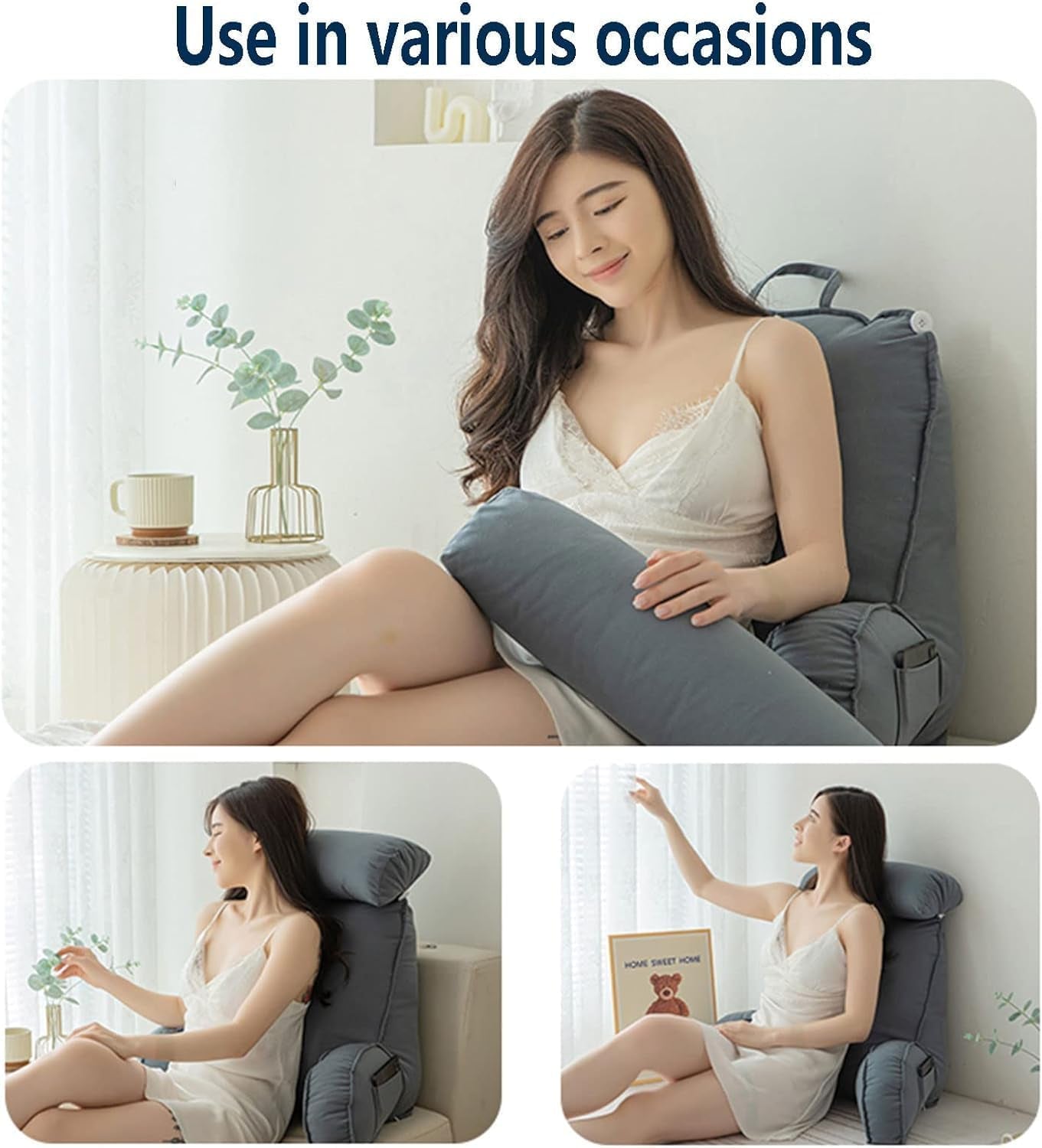 Almohada de lectura con reposabrazos, cojín para respaldo de sofá, cojín para libros para cama, con rollo para el cuello desmontable, cojín de apoyo para silla para relajarse, jugar, leer, mirar televisión