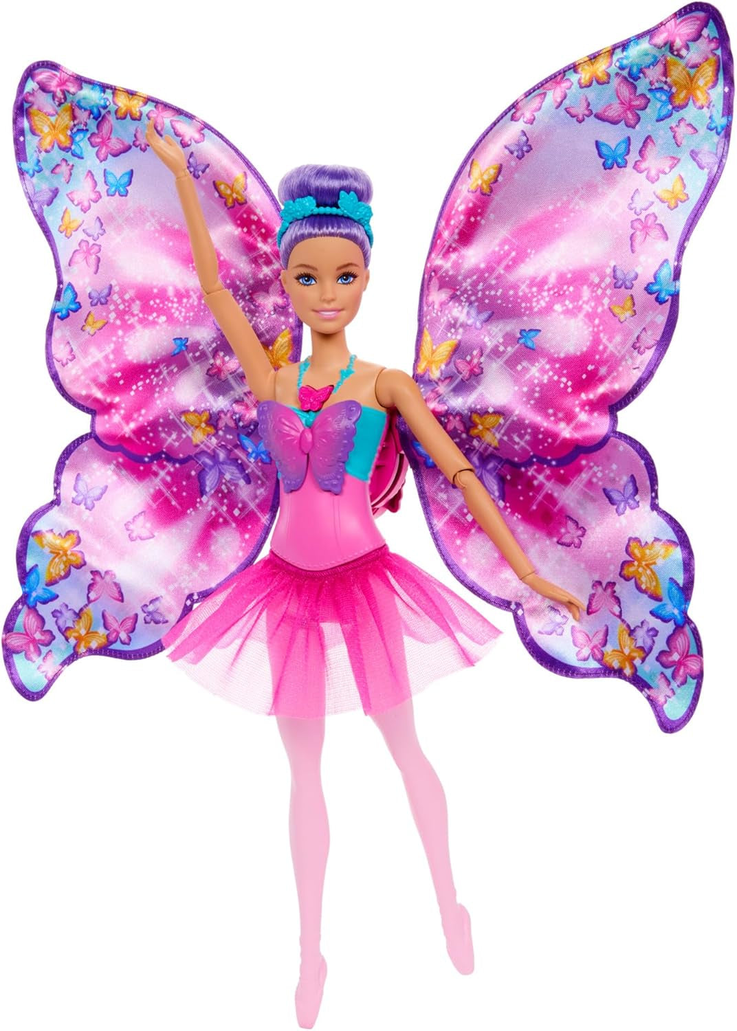 Barbie Bailarina y Mariposa 2 en 1 que transforma a bailarina en mariposa con alas que se abren, cabello morado, accesorios para el cabello y tutú desmontable, HXJ10