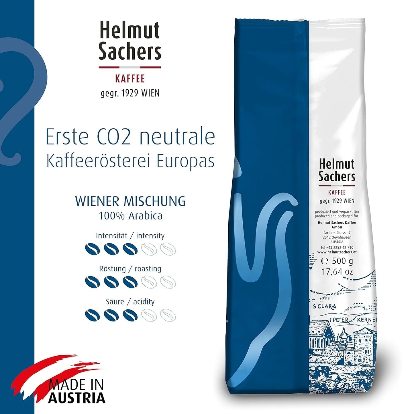 Helmut Sachers Kaffee - Mezcla Vienesa, Fuerza 3/5, 100% Arábica, Café En Grano Entero, 6 X 500G Naty Shop