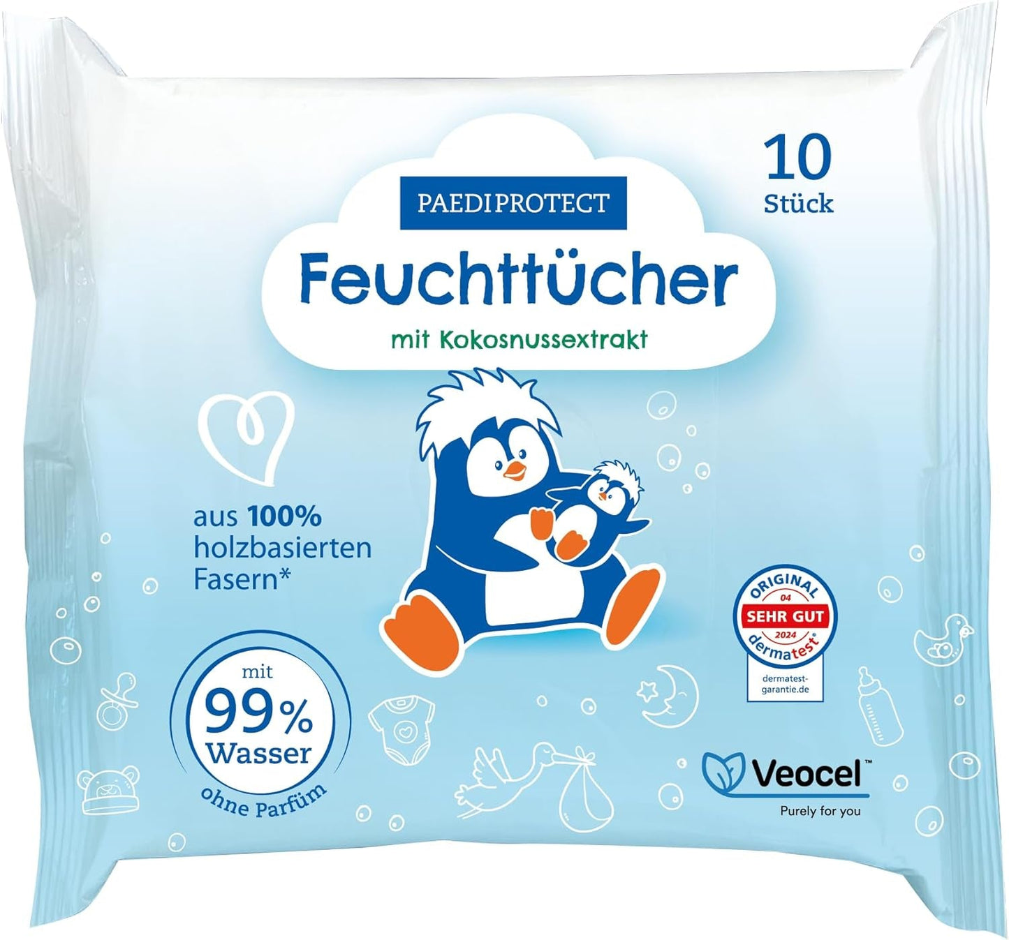 PAEDIPROTECT Toallitas húmedas para bebés 1 x 10 piezas Toallitas húmedas sensibles al agua para bebés 99% de agua Sin fragancia Bebés y niños Piel delicada Extracto de coco Sin microplásticos Vegano (paquete de 5)