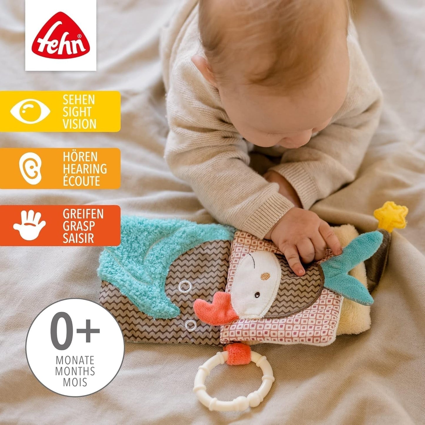 Fehn Play Glove Safari - Marionetas de dedo, juguete para bebé, mono y elefante, para agarrar y hacer ruidos, libro ilustrado suave Bruno - Libro táctil para niños con motivos de animales, juguetes para bebés Naty Shop