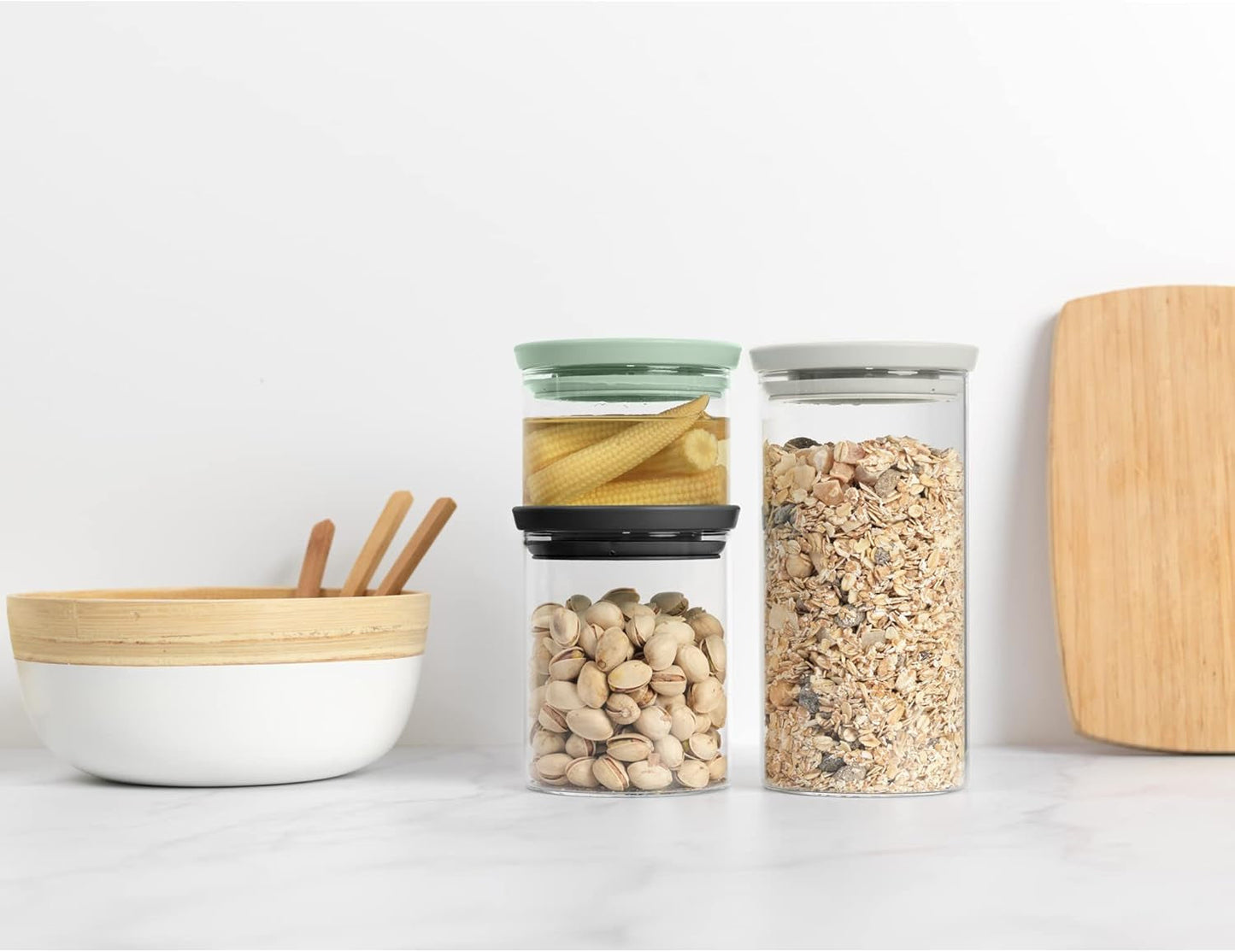 Brabantia - Recipiente de Vidrio Apilable con Tapa - Set de 3 - Conservación de Alimentos - Mantiene los Alimentos Frescos por Más Tiempo - Junta de Silicona - Apto para Lavavajillas - Gris Oscuro/Gris Claro/Verde Jade - Cajas de Conservación de Alimentos 0,3L/0,6L/1,1L Naty Shop