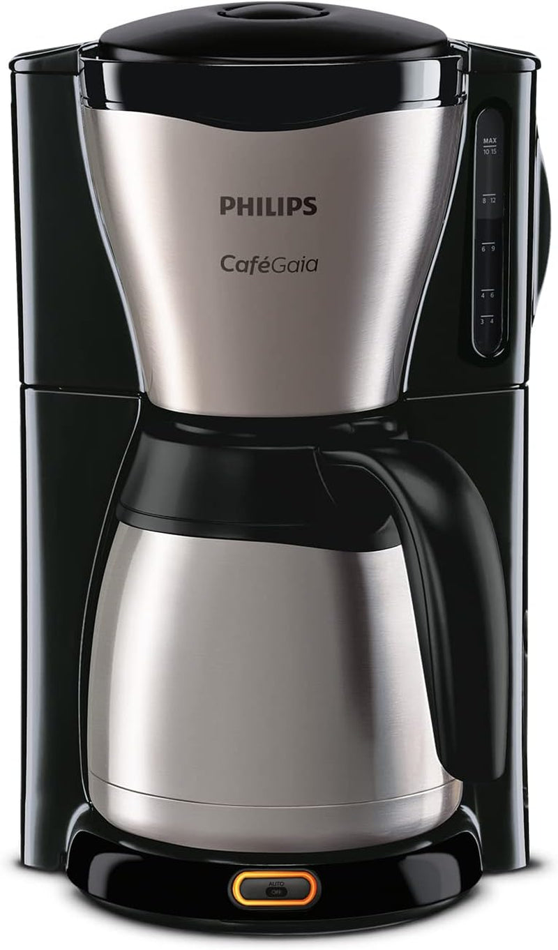 PHILIPS Café Gaia Cafetera Espresso con Filtro - Jarra Termo de Acero Inoxidable, Sistema Antigoteo, Aroma Intenso, Apagado Automático, 1300ml, Negra (HD7546/20)