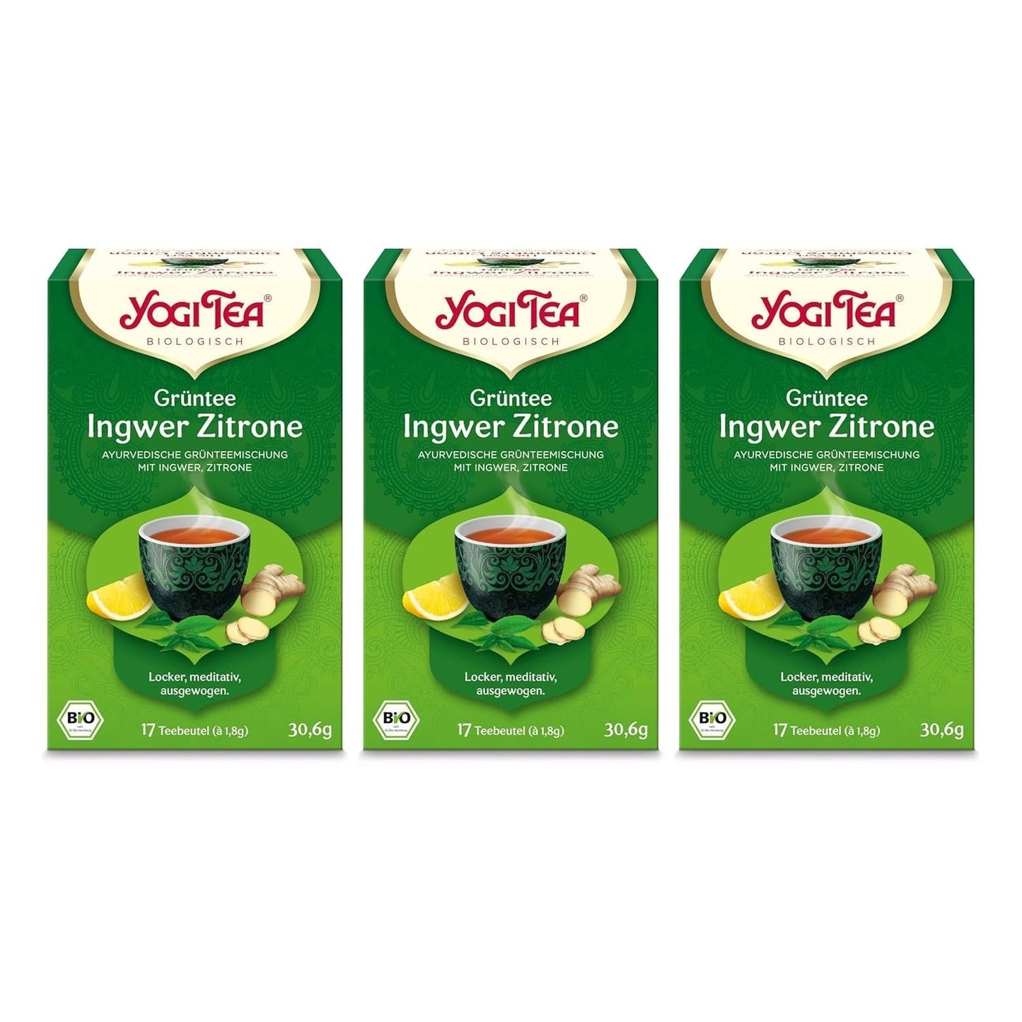 Yogi Tea - Té Verde con Jengibre y Limón, Té Ayurvédico Orgánico con Especias y Hierbas, Mezcla de Té Verde, Jengibre y Limón, Paquete de 3 Yogi Tea, 3X17 Bolsitas de Té (51 Bolsitas de Té en Total), Ideal para Regalo