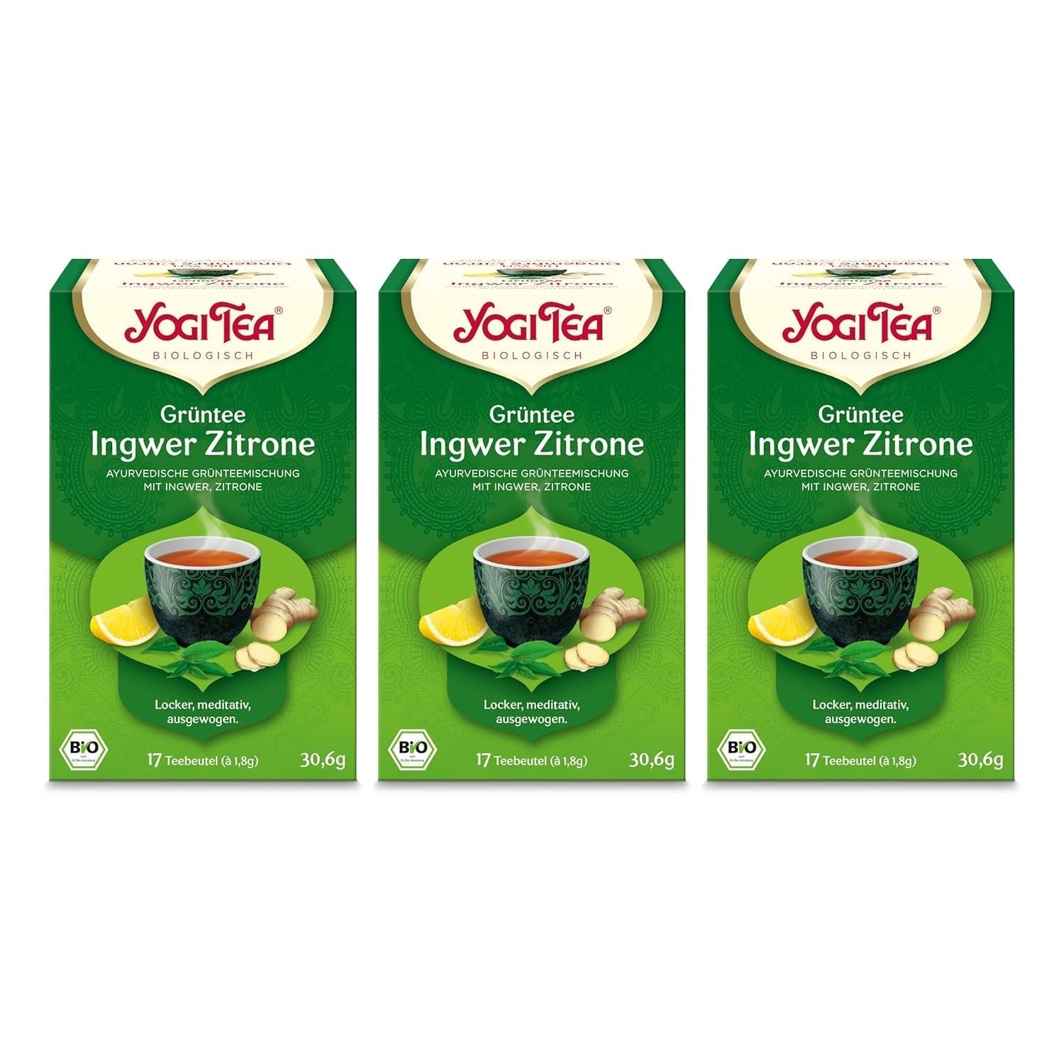 Yogi Tea - Té Verde con Jengibre y Limón, Té Ayurvédico Orgánico con Especias y Hierbas, Mezcla de Té Verde, Jengibre y Limón, Paquete de 3 Yogi Tea, 3X17 Bolsitas de Té (51 Bolsitas de Té en Total), Ideal para Regalo
