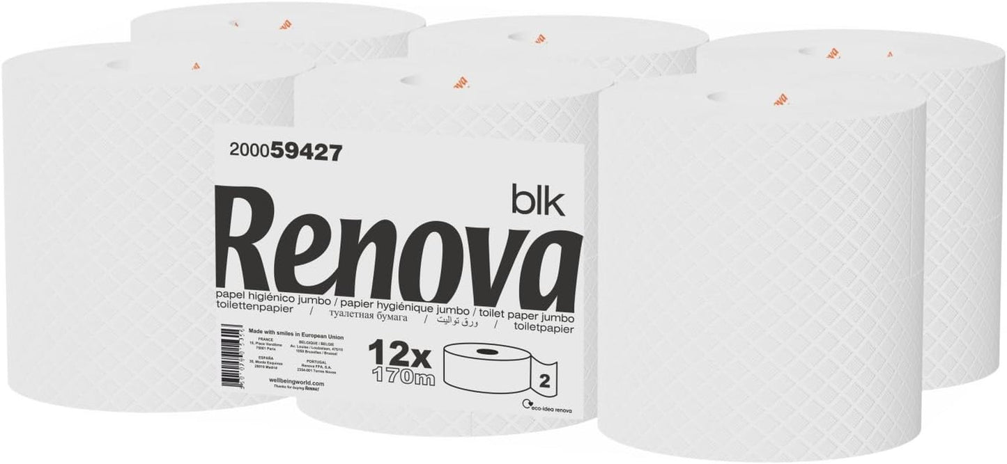 Papel higiénico Renova Jumbo BLK, 12 rollos a 170 M, papel blanco, 2 capas