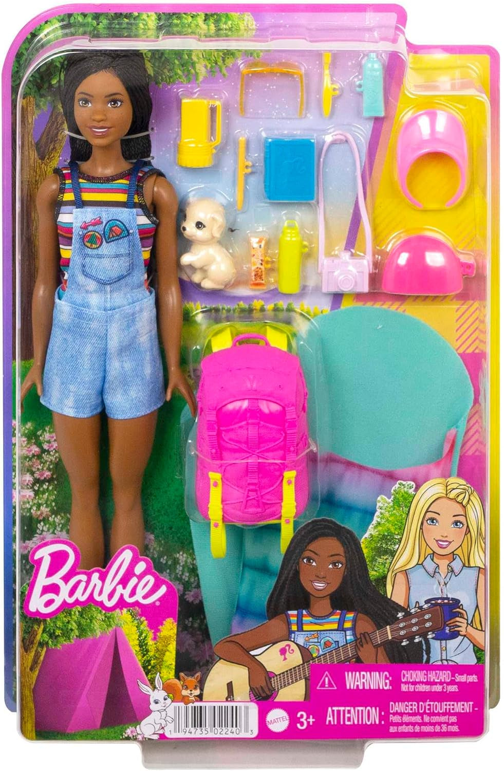 ¡Muñeca Barbie HDF74 en paquete doble! Muñeca Brooklyn Camping (Morena con coletas trenzadas, aprox. 29 cm) con cachorro, mochila, saco de dormir, 10 accesorios de camping, regalo para niños a partir de 3 años