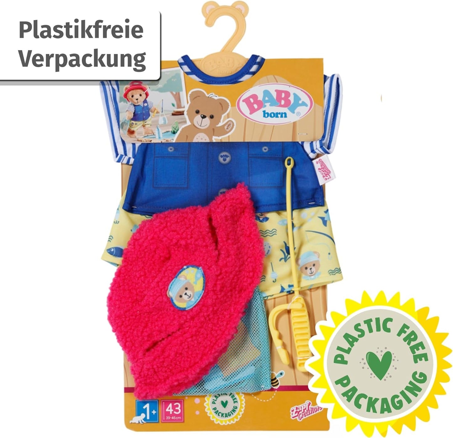 Baby Born Disfraz de pescador de peluche con caña de pescar para muñecas de 43 cm y osito de peluche, 835982 Zapf Creation