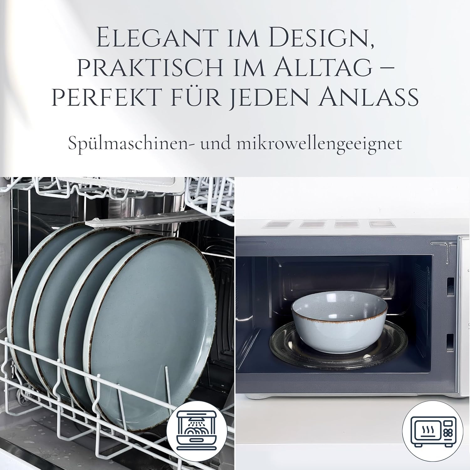 Steingut Geschirrset 6 Personen Rústico 24 tlg. TESTSIEGER, Hochwertiges Landhaussttil Steingut Geschirr Set, Schüssel- und Teller Set, Tafelservice 6 Personen, Geschirrsets Pure Living in Rauchblau