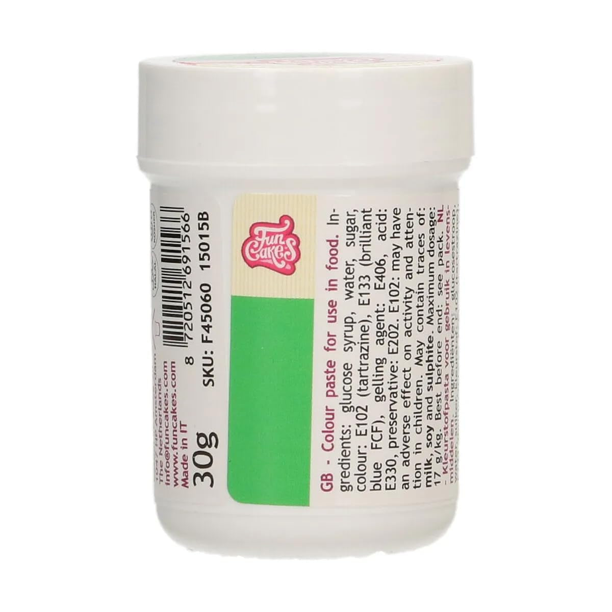 Colorante alimentario Funcakes verde; Colorante alimentario concentrado para masas, natas, fondant, mazapanes, masas, pastas para modelar y pastas de flores. Halal y Kosher. 30 gramos