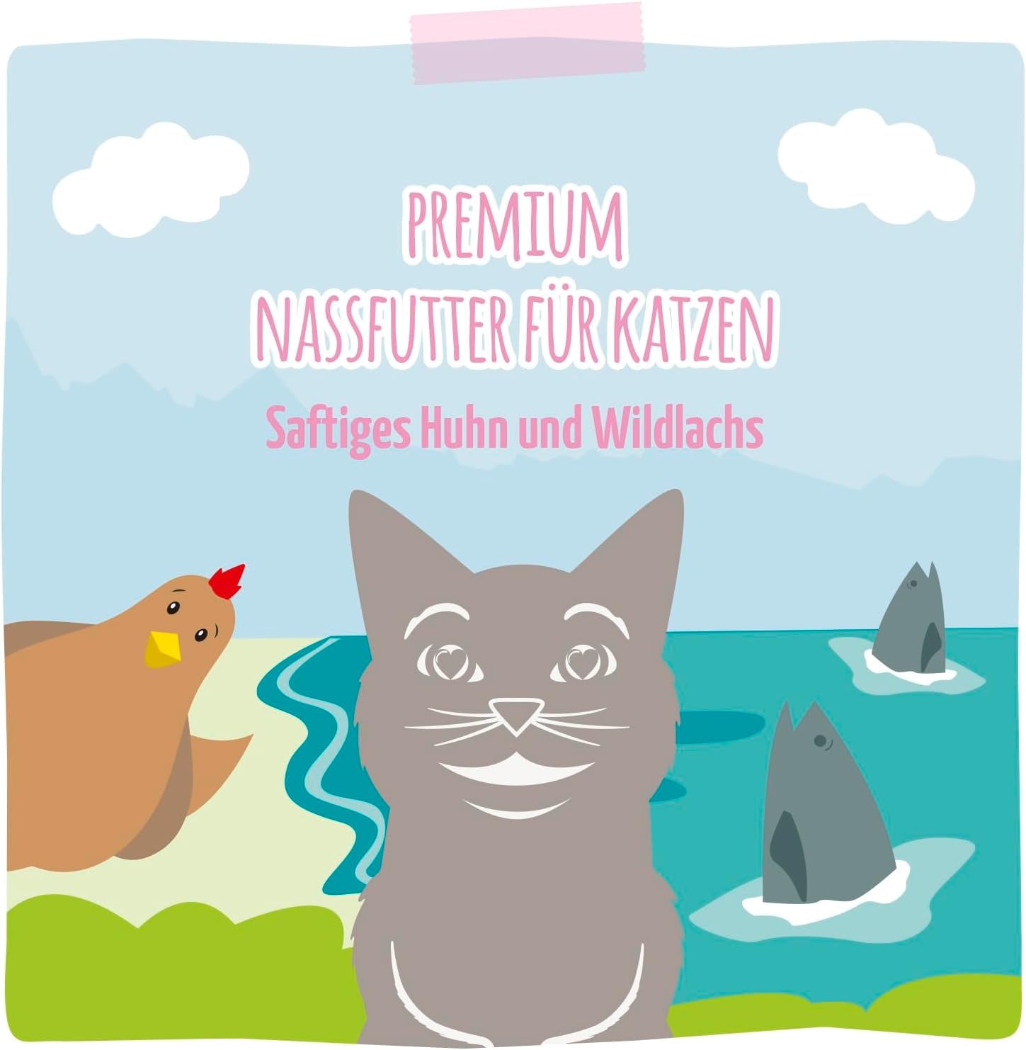 MjAMjAM - Comida húmeda premium para gatos - Pollo jugoso y salmón salvaje Paquete de 6 (6 x 400 g) Sin cereales con carne extra