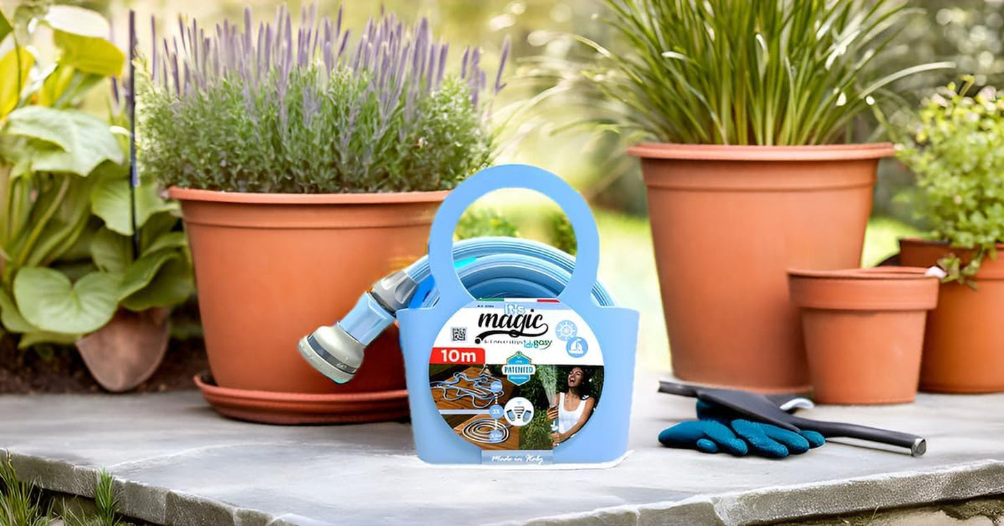 Manguera de jardín extensible Magic Blue, resistente a nudos y torceduras, 10 metros, con bolsa y boquilla pulverizadora