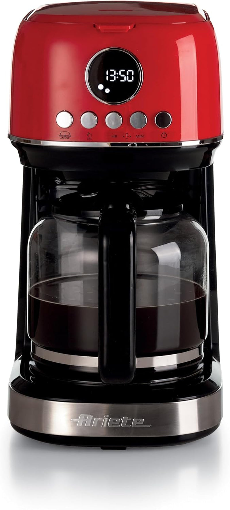 Ariete Moderna 1396 Cafetera espresso con filtro para preparar café americano hasta 15 tazas Jarra de cristal Placa calefactora Pantalla LCD Filtros extraíbles y lavables Blanco