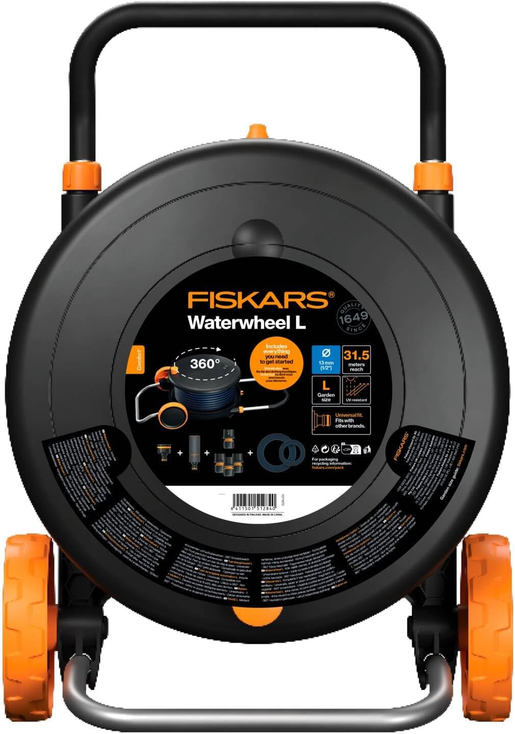 Rueda hidráulica Fiskars Comfort L con ruedas, juego de riego todo incluido, alcance total de 31,5 m, enrollado automático, manguera de jardín universal (Ø 13 mm), conexión universal para grifo, 1071670
