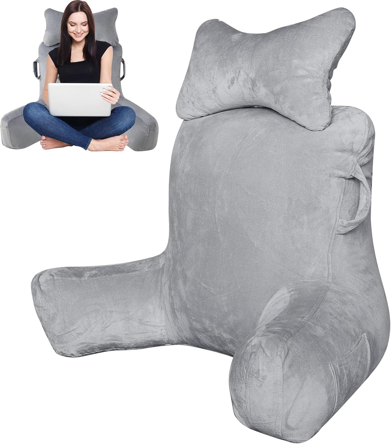 Almohada de lectura para adultos en la cama, respaldo extra grande de 90 x 80 cm (ancho x alto) para leer con soporte para el cuello desmontable y brazo de apoyo, cómoda almohada de lectura para cama, sofá o respaldo en el suelo