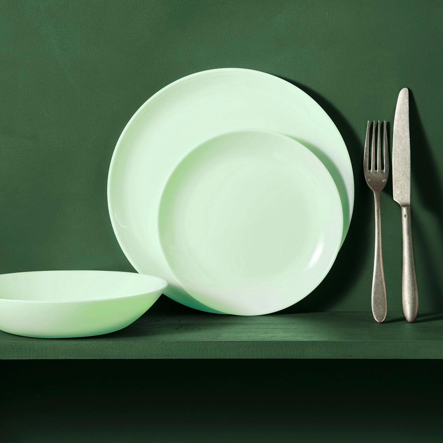 Servicio de mesa de cristal opal, verde, 12 piezas, para 4 personas
