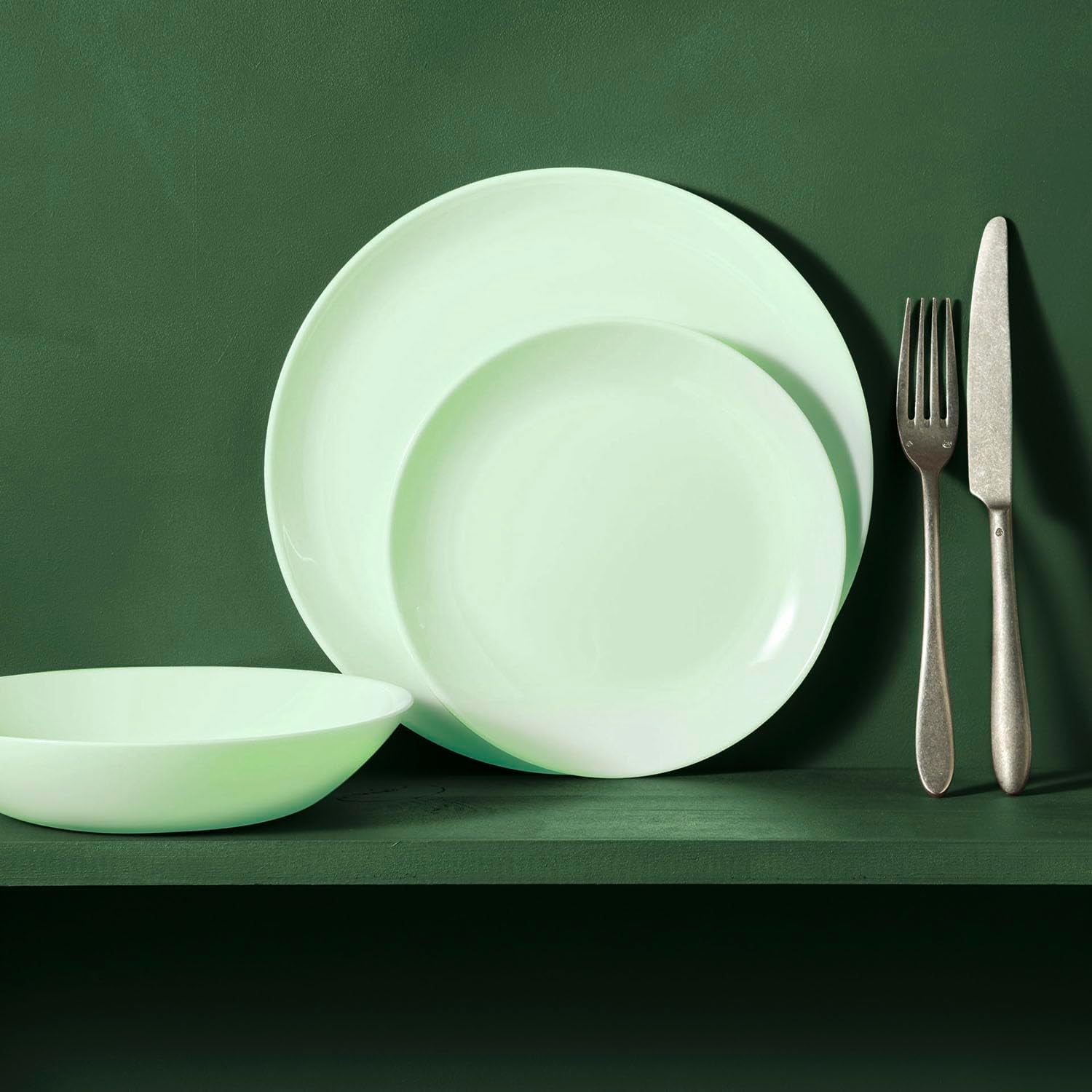 Servicio de mesa de cristal opal, verde, 12 piezas, para 4 personas