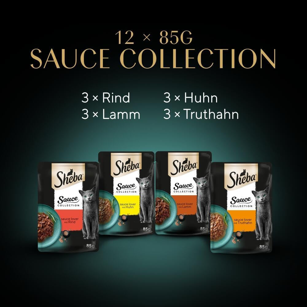 Sheba Sauce Collection Comida húmeda para gatos, sobres en porciones, paquete múltiple salado, 4x12x85g
