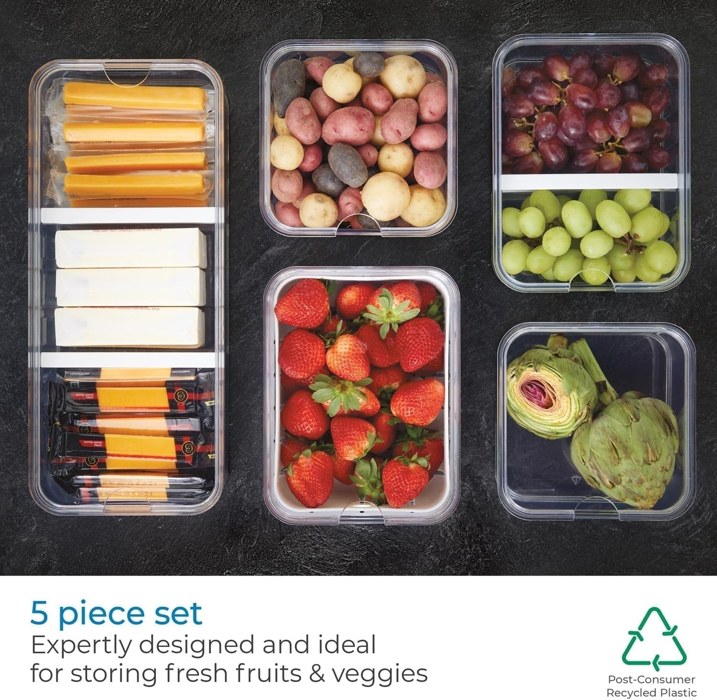 iDesign Cajas de almacenaje para frigorífico, organizador con tapa en juego de 5, cajas de plástico reciclado para organizar consumibles, cajas de almacenaje para alimentos transparentes y blancas Naty Shop