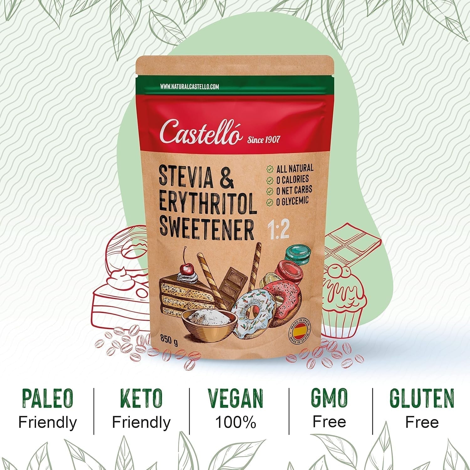 Stevia + Eritritol 1:2 Süßstoff | 1G = 2G Zucker | 100% Natürlicher Zuckerersatz - 0 Kalorien - 0 Glykämischer Index - Keto Und Paleo - 0 Netto-Kohlenhidrato - Kein GVO - Castello since 1907 - 850 G Edulcorantes Naty Shop