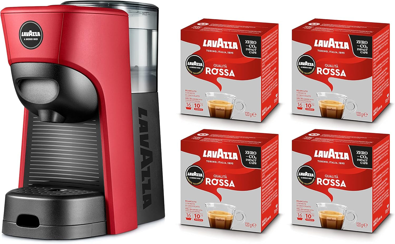 Lavazza, Espressor A Modo Mio Tiny Eco Red con 64 cápsulas, Espressor de plástico reciclado, 1450 W, 220-240 V, 50/60 Hz, 0,6 litros