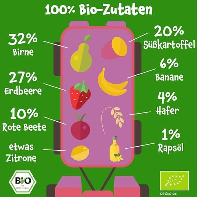 Pumpkin Organics bolsas de verduras y cereales ecológicos, pack de 8: Pera, Fresas, Boniatos, Remolacha, Plátano, Avena - Sin azúcares añadidos¹ - A partir de 6 meses - como snack o alimento complementario en el paquete (8 x 100g)