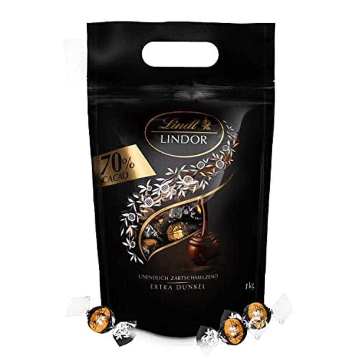 Bolas de chocolate extra oscuro Lindt LINDOR y bolas de chocolate con crema de fresa LINDOR | Bolsa resellable de 1 kg | aprox. 80 bolitas de chocolate blanco con crema de fresa