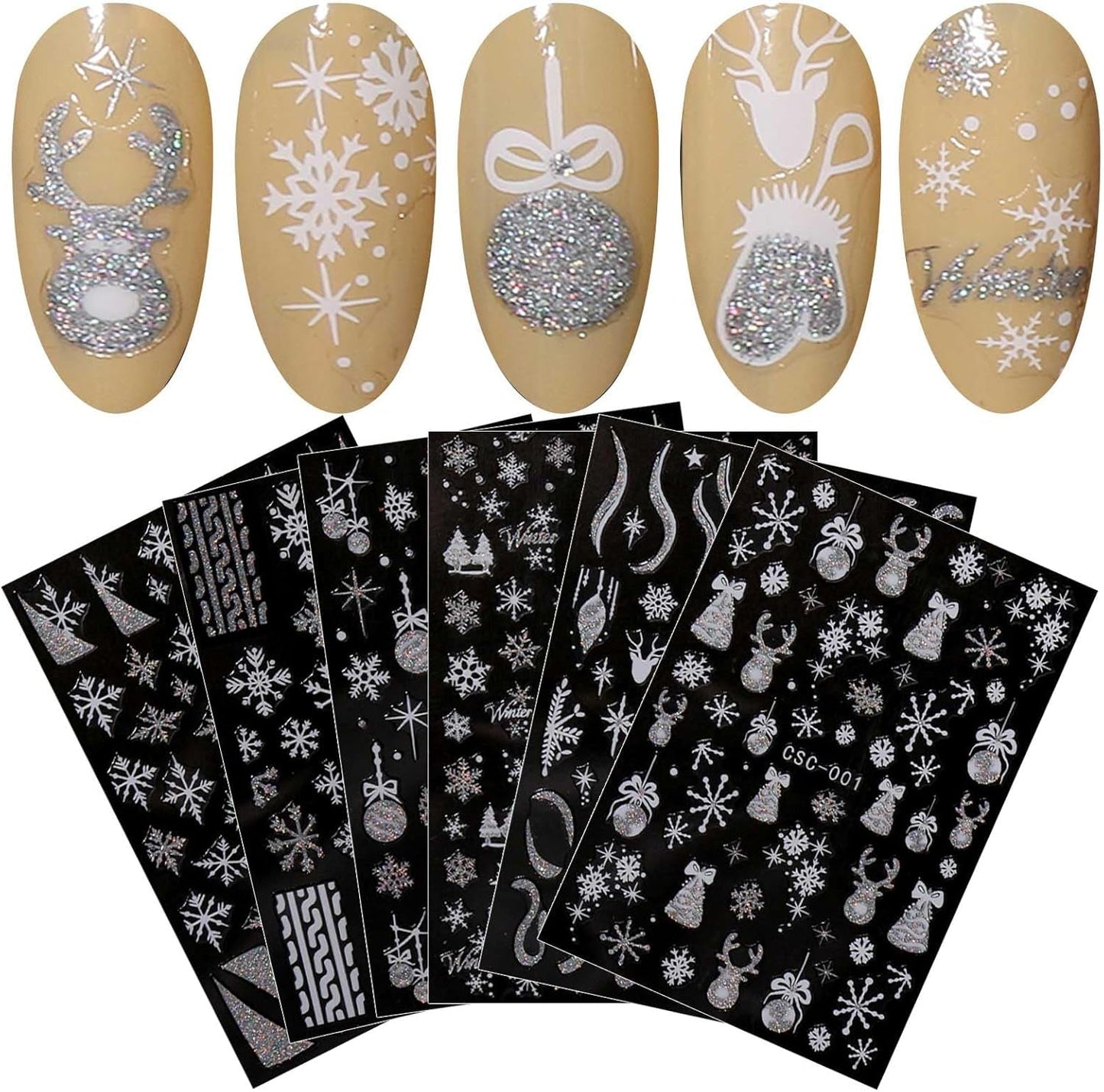JMEOWIO Nagelsticker Weihnachten Gold Glitter Silver 8 Blatt Nail Art Sticker Selbstklebend Nagelaufkleber Schneeflocke Winterurlaub Dekoration Nageldesign Zubehör